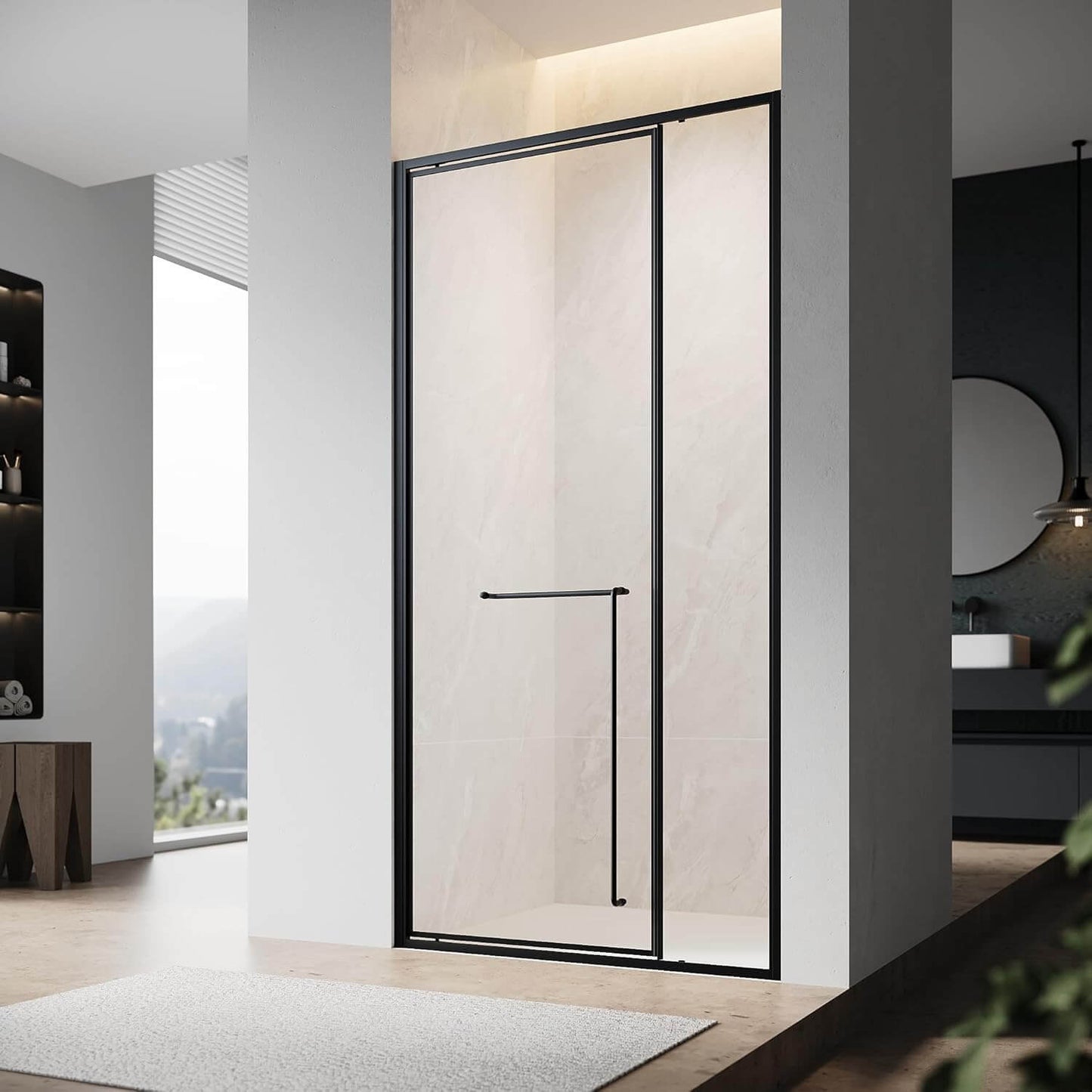 SONNI Puerta de ducha articulada con bisagra para ducha, cristal templado negro de 6 mm, con cristal lateral, barra de protección contra el agua, atracción magnética