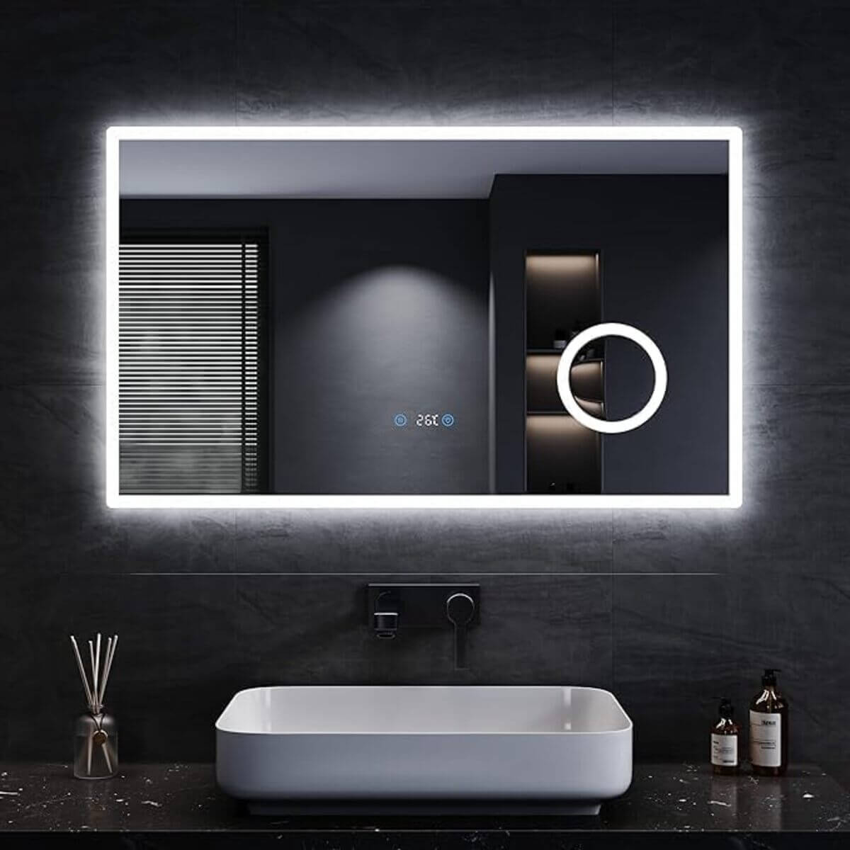 SONNI Espejo de Baño LED 100 x 60 cm Espejo de Baño con Iluminación Blanco Frío 6400 k Espejo con Interruptor Táctil Temperatura del Reloj del Espejo Montado en La Pared 3 Veces Amplificada