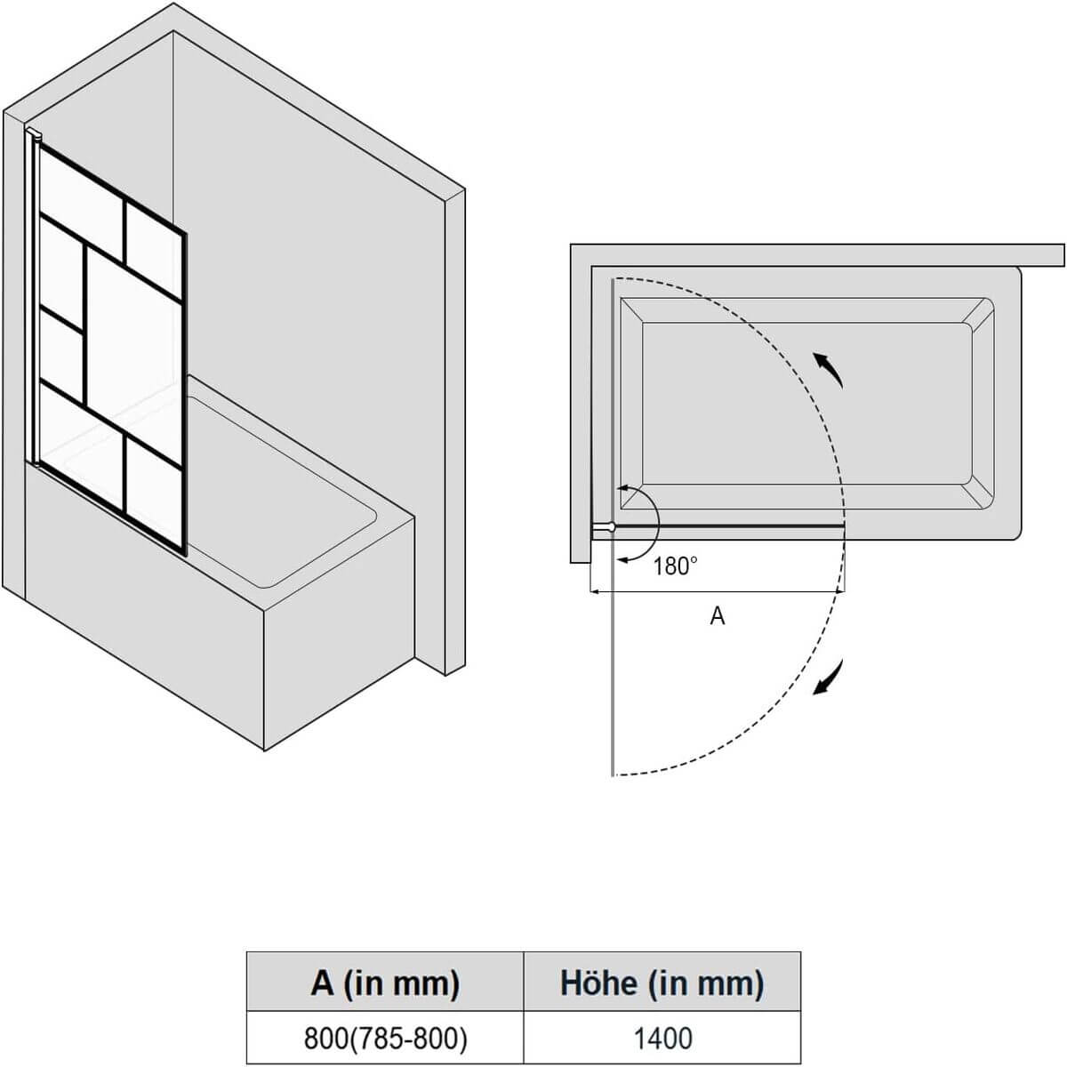SONNI Mampara Bañera Negra Abatible Cuadros 180°NANO Cristal Templado 80x140cm, con Perfil Negro