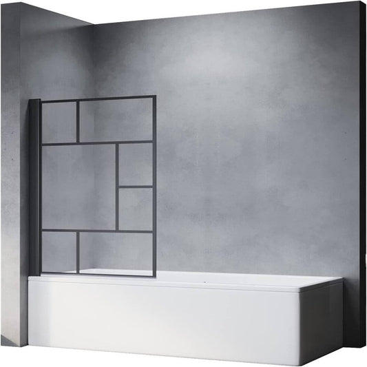 SONNI Mampara Bañera Negra Abatible Cuadros 180°NANO Cristal Templado 80x140cm, con Perfil Negro