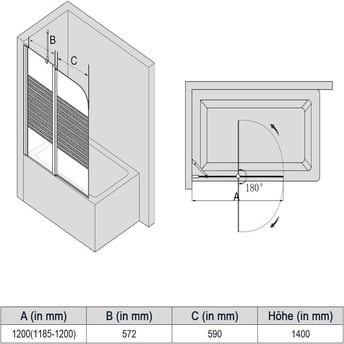 SONNI Mampara Bañera Abatible Serigrafiada 180°Cristal Templado 120x140cm, con Estabilizador y Perfil Aluminio