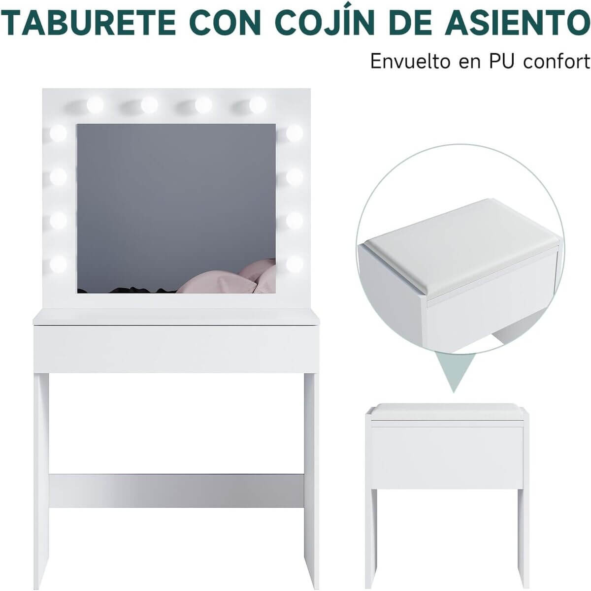 SONNI Tocador, 12 Luces LED con Brillo Ajustable, 1 Cajones Grandes y Taburete, Estilo Moderno, 80x40x140cm-Blanco