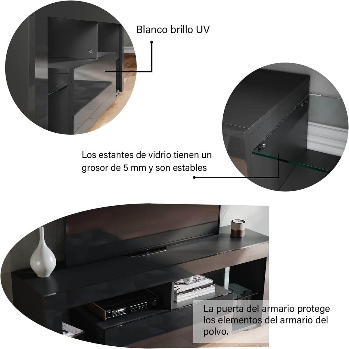 SONNI Mueble TV con Luz LED Ajustable de 12 Colores Sálon Negro con Mando a Distancia, Mesa TV Madera con Estantes Cristal 140 CM