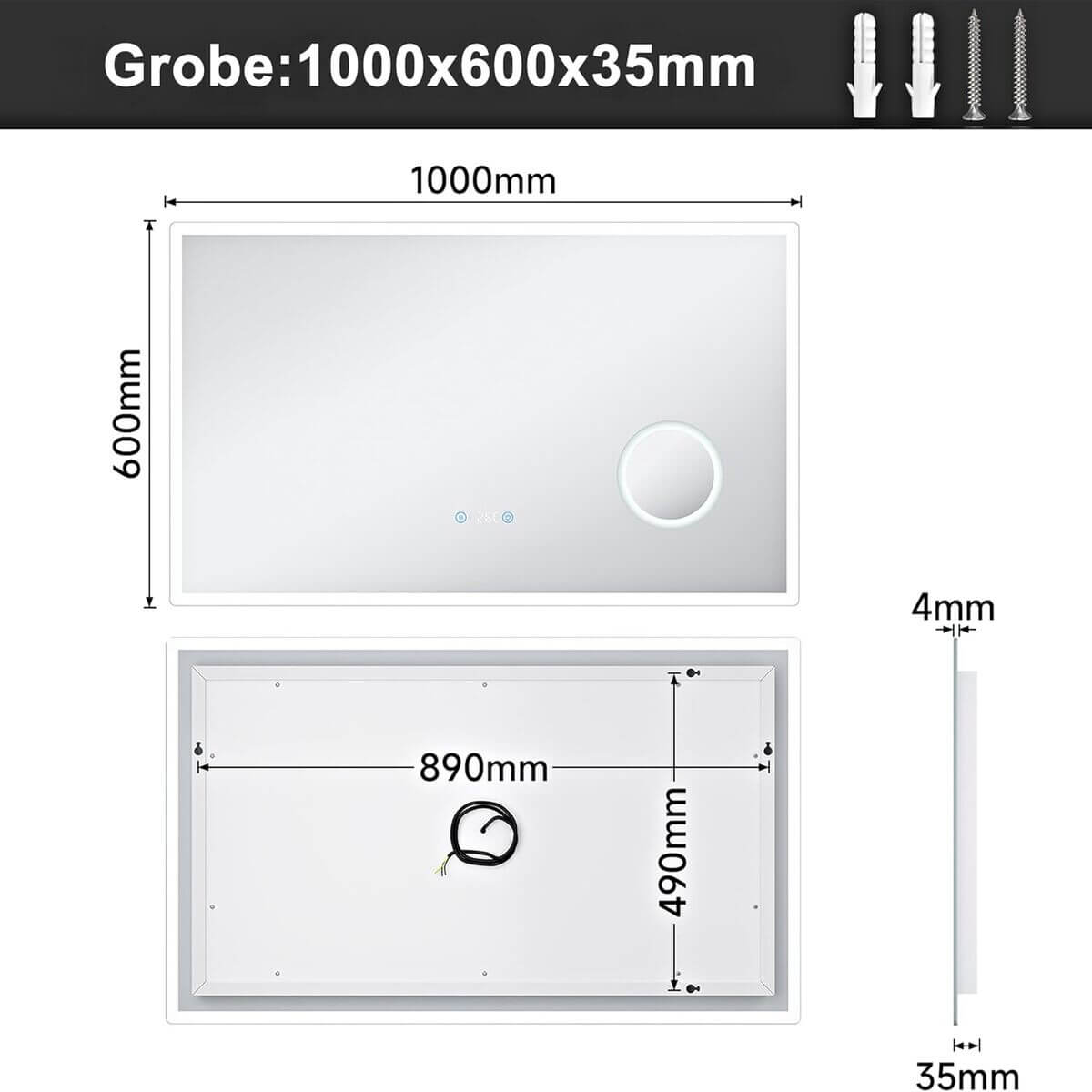 SONNI Espejo de Baño LED 100 x 60 cm Espejo de Baño con Iluminación Blanco Frío 6400 k Espejo con Interruptor Táctil Temperatura del Reloj del Espejo Montado en La Pared 3 Veces Amplificada