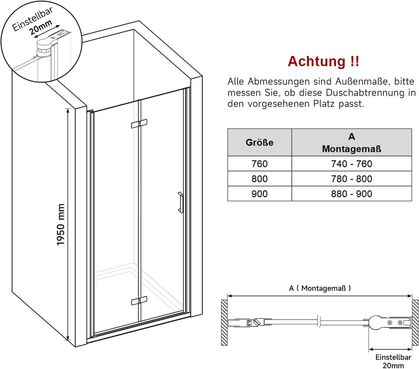 Sonni Mamparas de Ducha Frontales Puerta Plegable Cristal ESG Templado de 6mm con Recubrimiento Nano