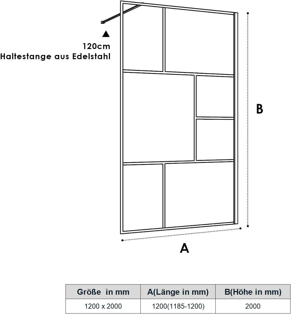 SONNI Mampara de ducha de color negro diseño de Walk In de 8 mm, cristal de seguridad, ESG con estabilizador, montaje en tazas de ducha o suelo