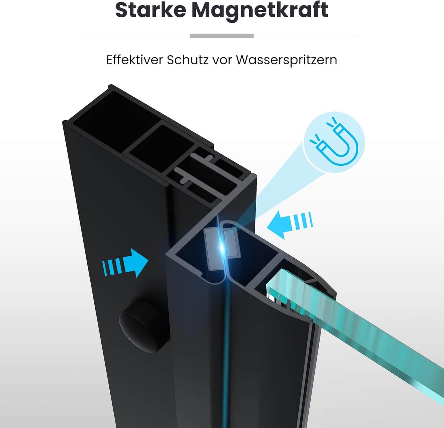 SONNI Puerta de ducha Puerta de ducha Puerta de ducha Negro 6 mm Vidrio templado Barra de protección al agua Atracción magnética
