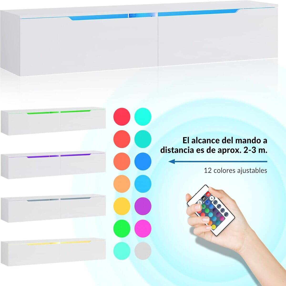 SONNI Mueble TV con Luz LED Regulables de 12 Colores,Mueble de Salón Blanco 160/180x35x30cm