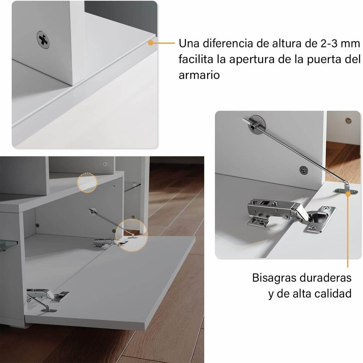 SONNI Mueble TV Blanco con Luz LED Ajustable de 12 Colores con Mando a Distancia, Mesa TV Sálon Madera con Estantes Cristal 130 CM