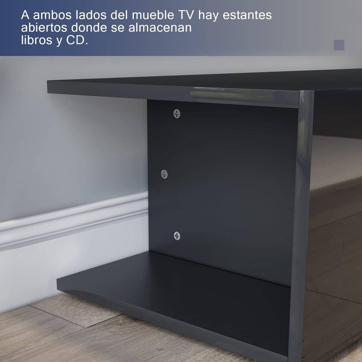 SONNI Mueble TV Negro Brillo con Luces LED 12 Colores LED,Mesa de Salón para TV Estantes de Cristal 135 cm