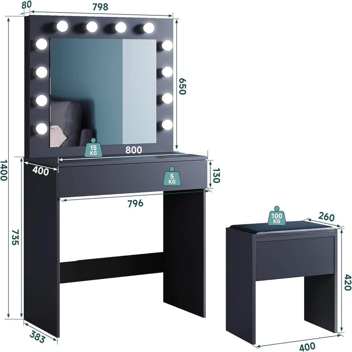 SONNI Tocador, 12 Luces LED con Brillo Ajustable, 1 Cajones Grandes y Taburete, Estilo Moderno, 80x40x140cm-Nero