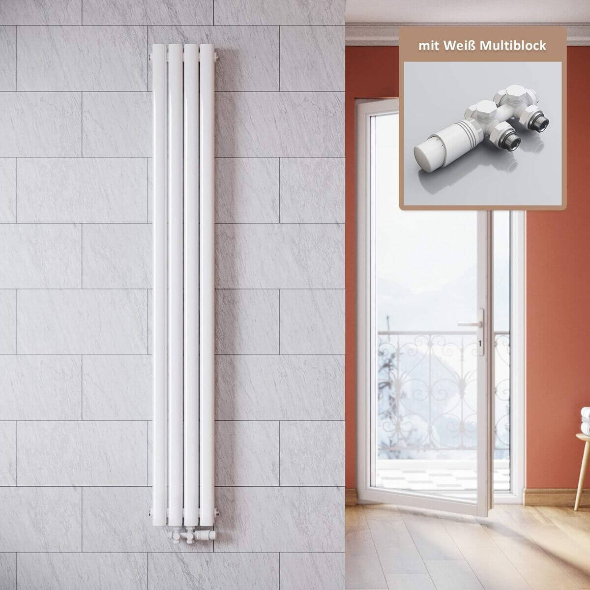 SONNI Radiador vertical blanco 1800 x 236 mm con multibloque, diseño termostático, cromo, una sola pieza, radiador tubular de baño, conexión central una/doble capa Sí y No Multibloque