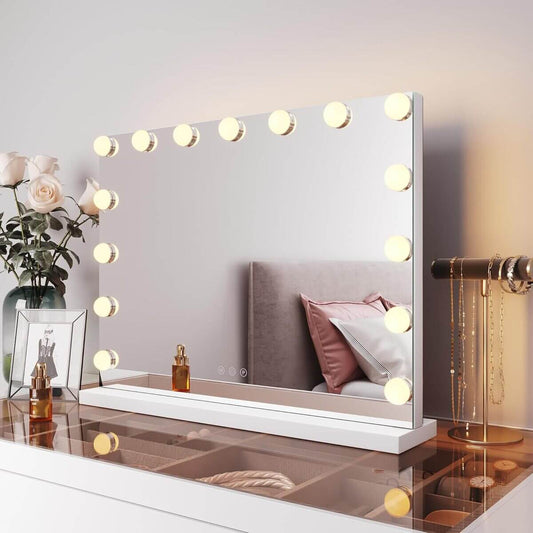 SONNI Espejo Maquillaje con Luz - Espejo Tocador 15 Bombillas LED,Dimmables 3 Colores de Luz,Control Táctil,Espejo con Luz para Maquillaje,58 x 46 cm