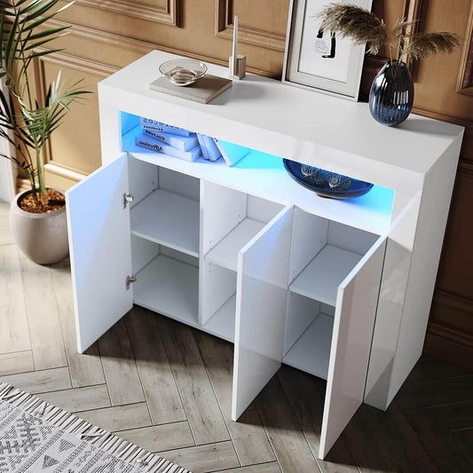 SONNI Aparador Blanco Brillo con 3 Puertas,Mueble Comedor Brillante con Iluminación LED 116x35x93cm,Armario Entrada para Salón/Cocina
