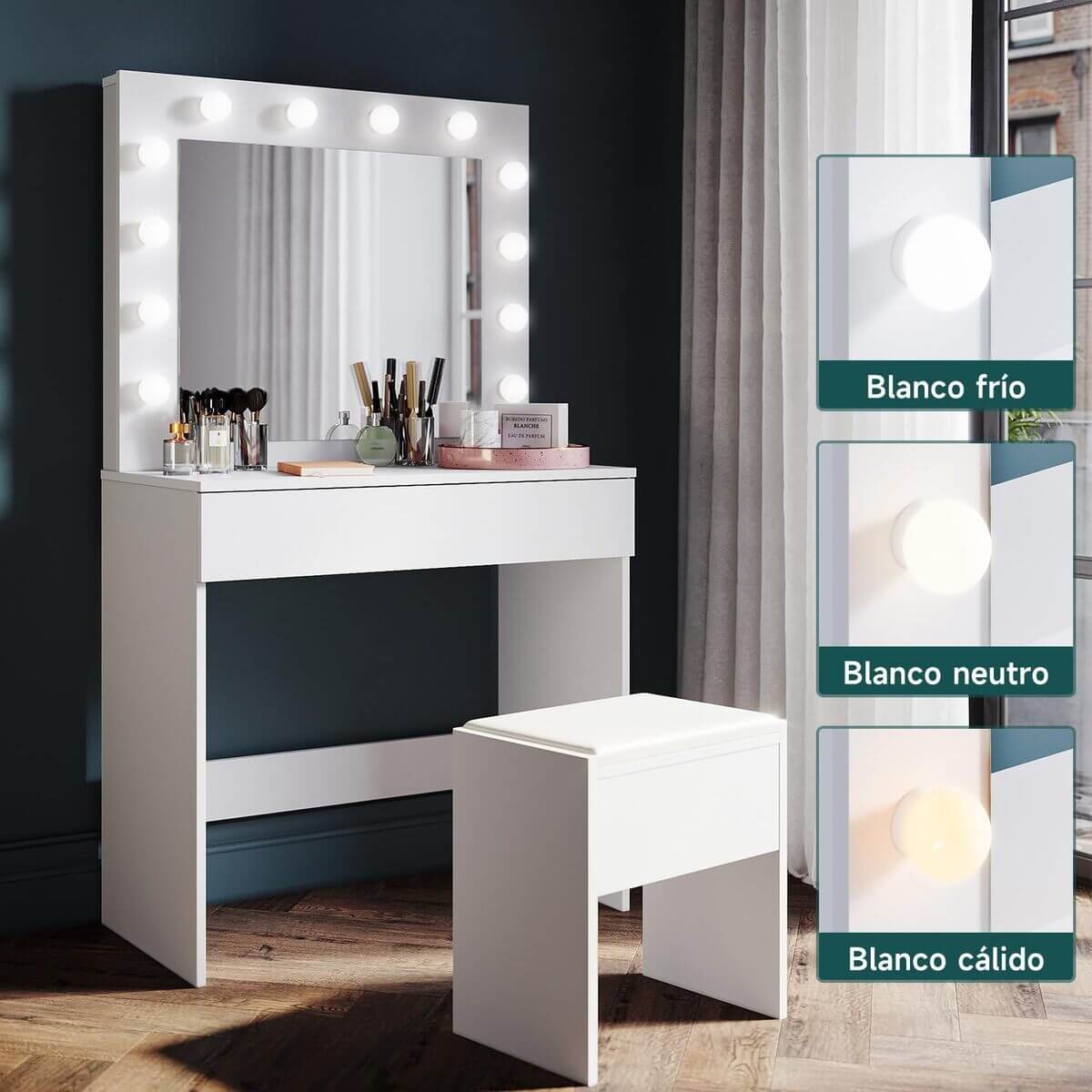 SONNI Tocador, 12 Luces LED con Brillo Ajustable, 1 Cajones Grandes y Taburete, Estilo Moderno, 80x40x140cm-Blanco