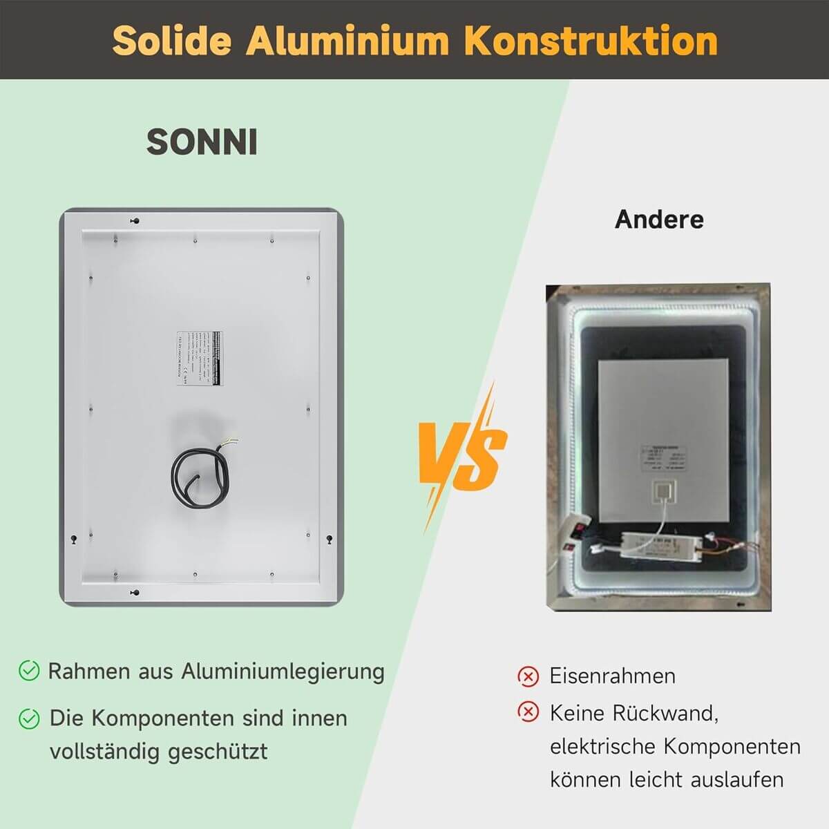 SONNI Espejo de Baño LED 100x60cm, Espejo con Iluminación Blanco Frío Función antiniebla, Espejo de Pared, Interruptor Táctil, Esquina Redonda