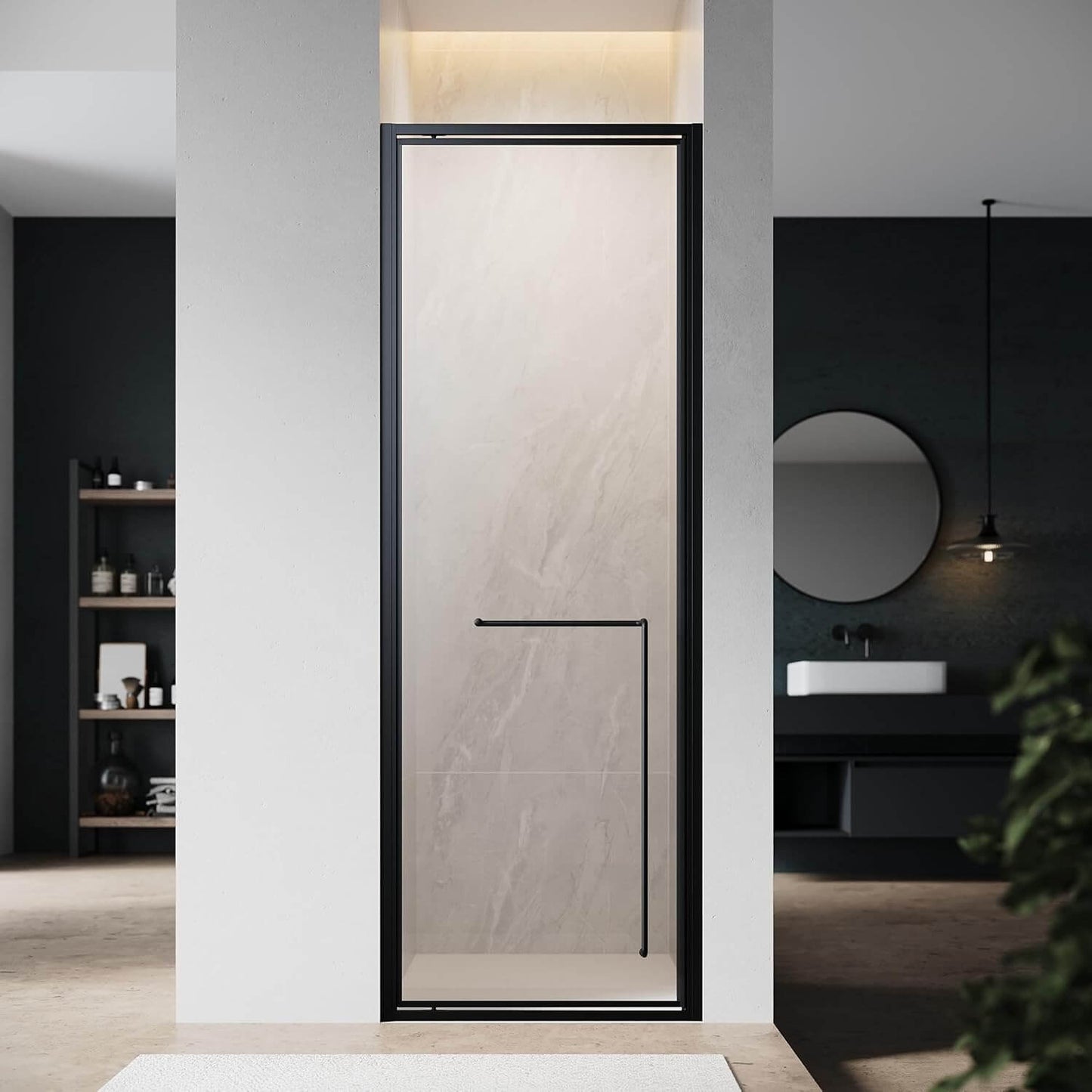 SONNI Puerta de ducha articulada con bisagra para ducha, cristal templado negro de 6 mm, con cristal lateral, barra de protección contra el agua, atracción magnética