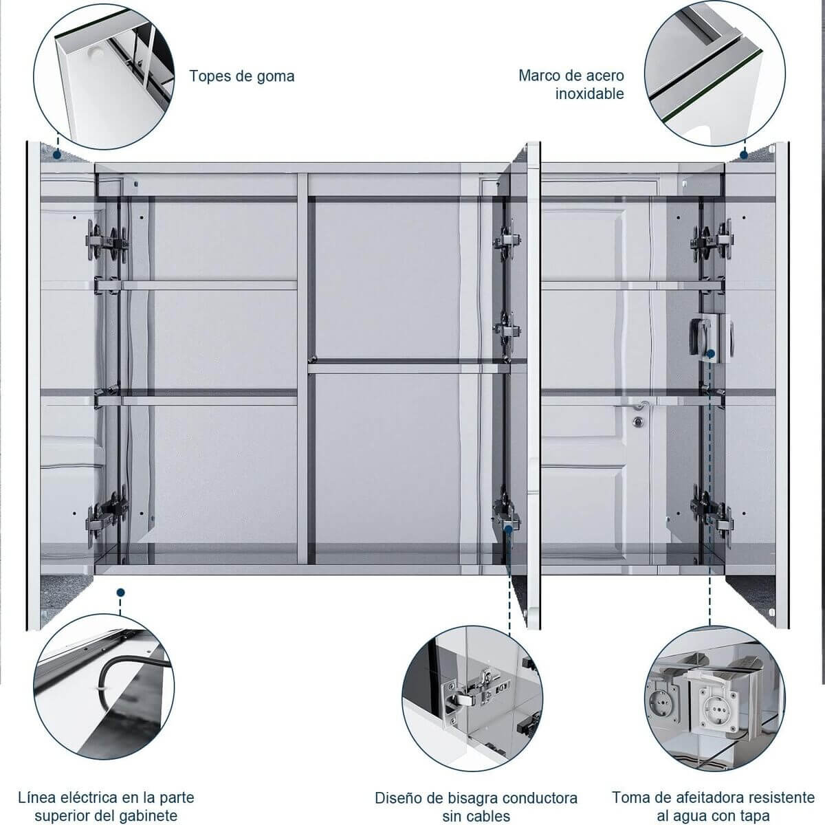 SONNI Armario Espejo Baño con Luz 105 x 65 cm Bisagra Conductora Interruptor Táctil 3 Puertas,Espejo de Baño con Armario y LED,Acero Inoxidable Enchufe para Afeitadora 5 Estantes