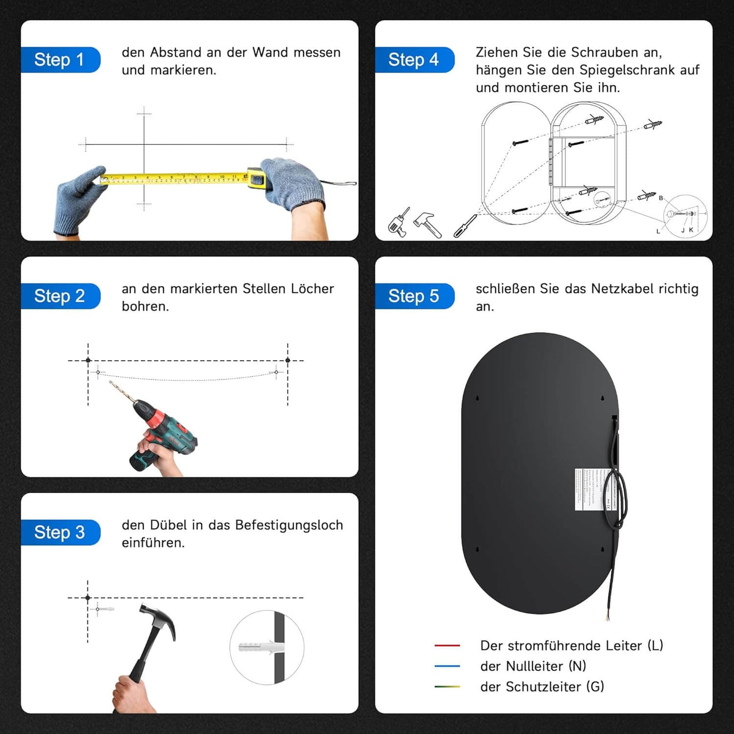 SONNI Armario con espejo para baño con iluminación y enchufe, armario con espejo LED con interruptor táctil, regulable, 3 colores de luz ajustables, sin vaho, ovalado, 40 x 70 cm, negro mate