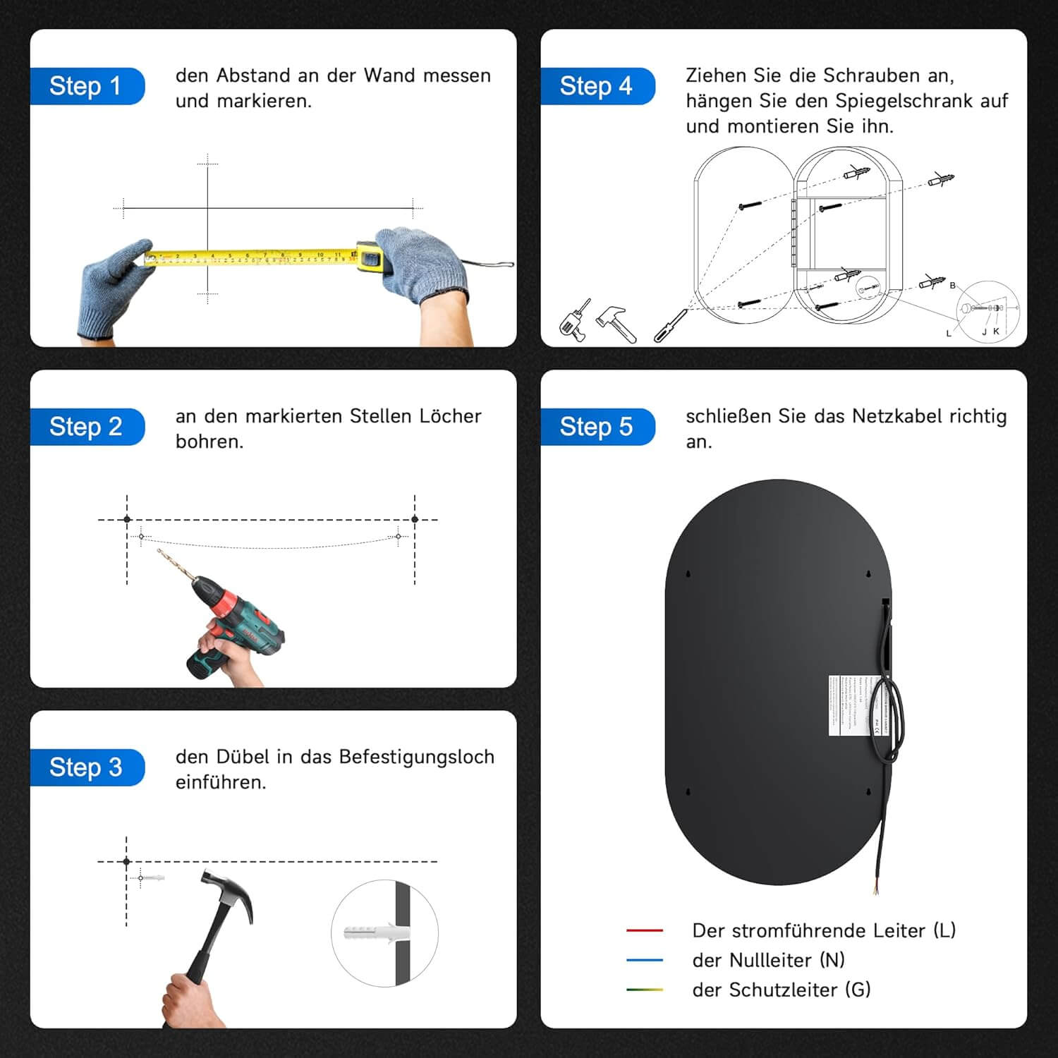 SONNI Armario con espejo para baño con iluminación y enchufe, armario con espejo LED con interruptor táctil, regulable, 3 colores de luz ajustables, sin vaho, ovalado, 40 x 70 cm, negro mate
