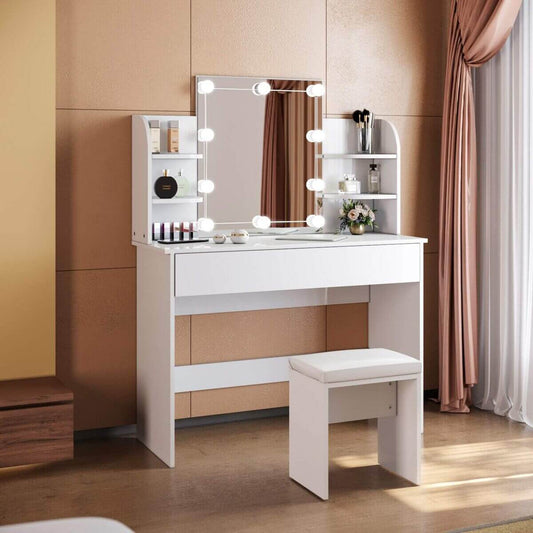 SONNI Mesa Maquillaje con Luz con Espejo y Taburete, Tocador Maquillaje con Luz, Tocador Blanco con 4 Estantes,108x40x140cm