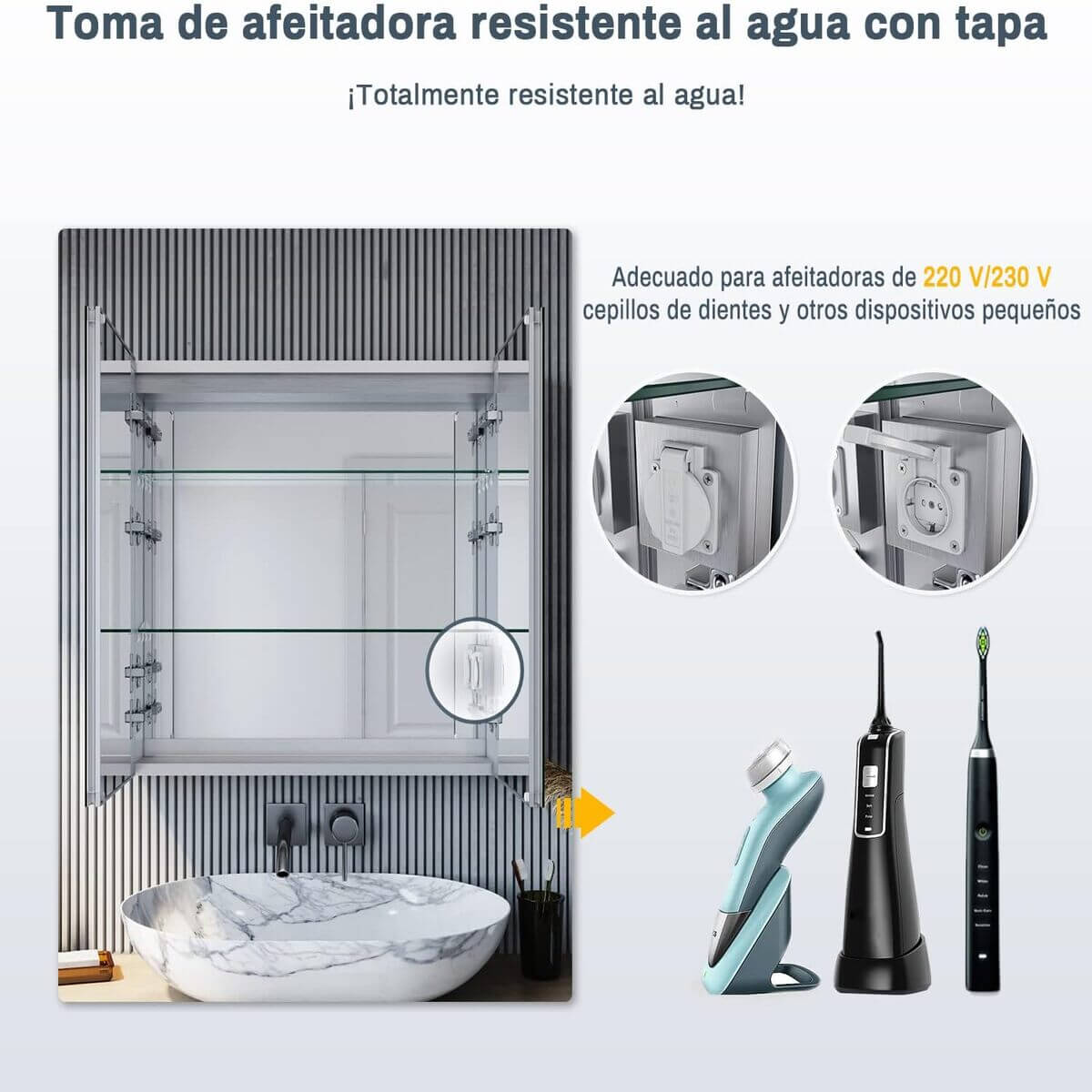 SONNI Armario Espejo Baño con Luz 65 x 65 cm Bisagra Conductora Antivaho,Interruptor Táctil,2 Puertas,Espejo de Baño con Armario y LED,Aluminio y Enchufe para Afeitadora