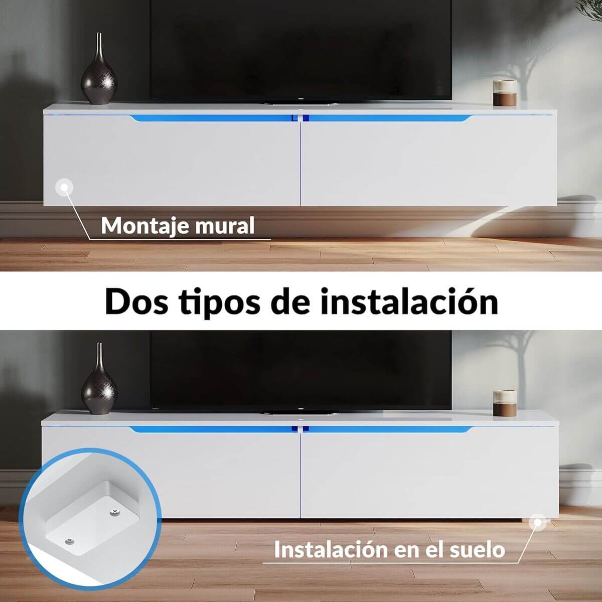 SONNI Mueble TV con Luz LED Regulables de 12 Colores,Mueble de Salón Blanco 160/180x35x30cm