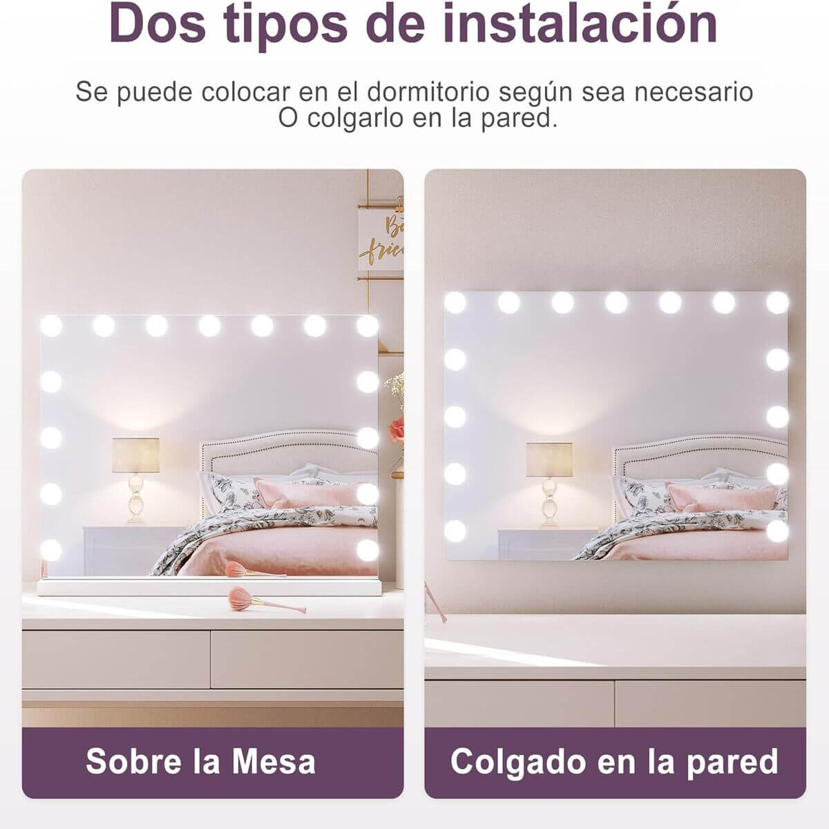 SONNI Espejo Maquillaje con Luz - Espejo Tocador 15 Bombillas LED,Dimmables 3 Colores de Luz,Control Táctil,Espejo con Luz para Maquillaje,58 x 46 cm