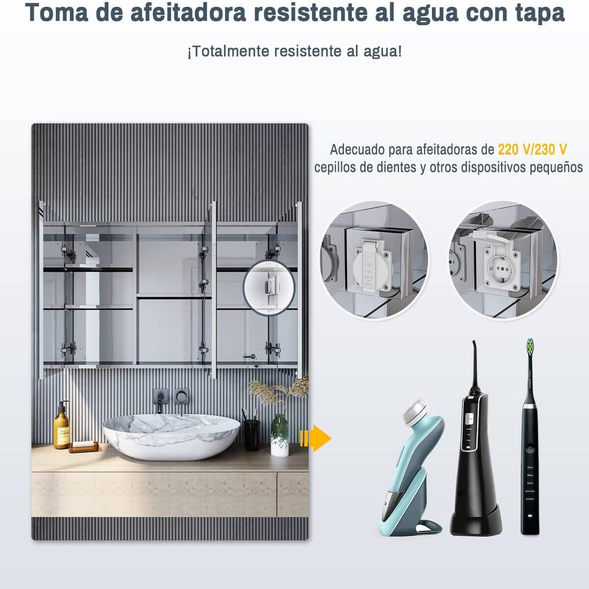 SONNI Armario Espejo Baño con Luz 105 x 65 cm Bisagra Conductora Interruptor Táctil 3 Puertas,Espejo de Baño con Armario y LED,Acero Inoxidable Enchufe para Afeitadora 5 Estantes