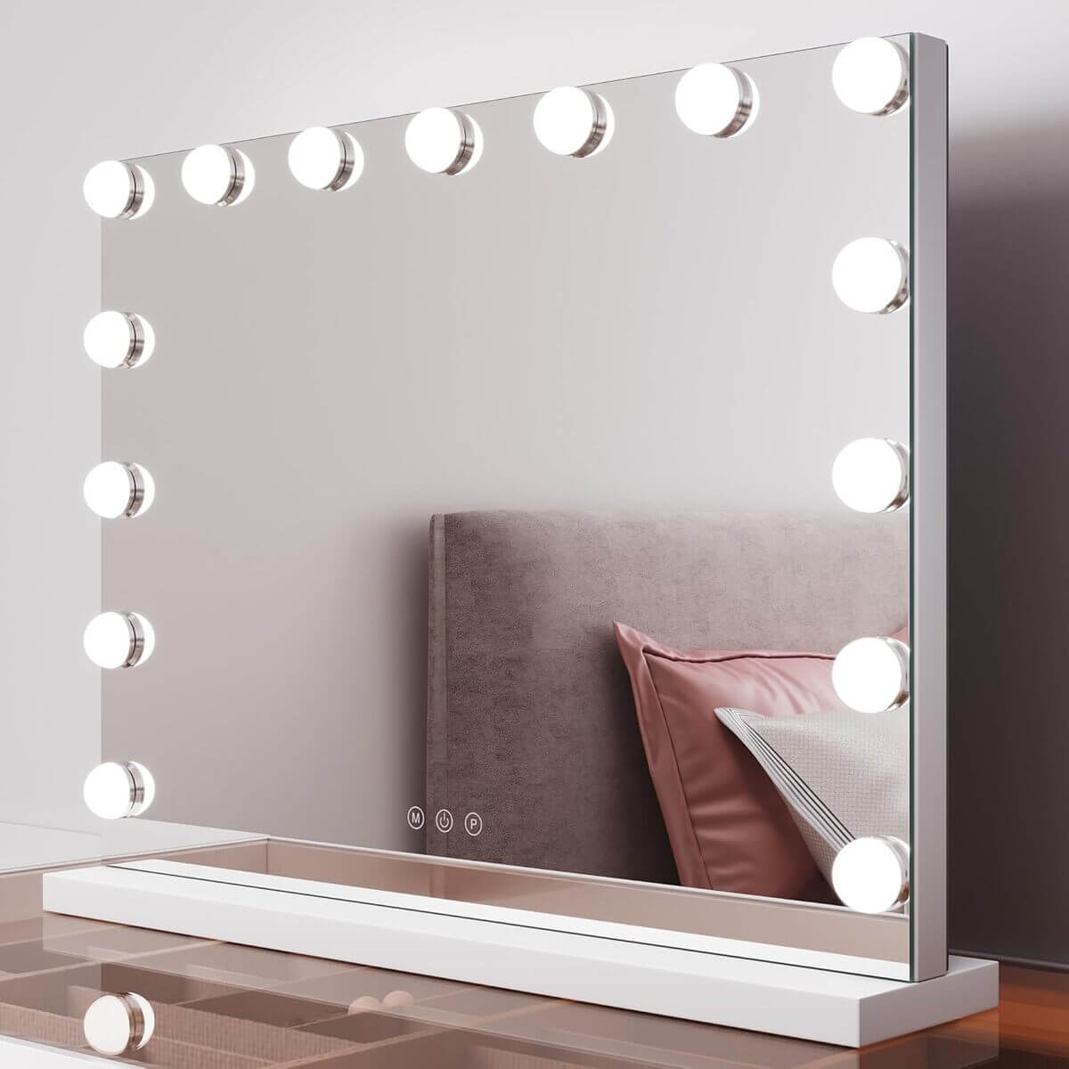 SONNI Espejo Maquillaje con Luz - Espejo Tocador 15 Bombillas LED,Dimmables 3 Colores de Luz,Control Táctil,Espejo con Luz para Maquillaje,58 x 46 cm