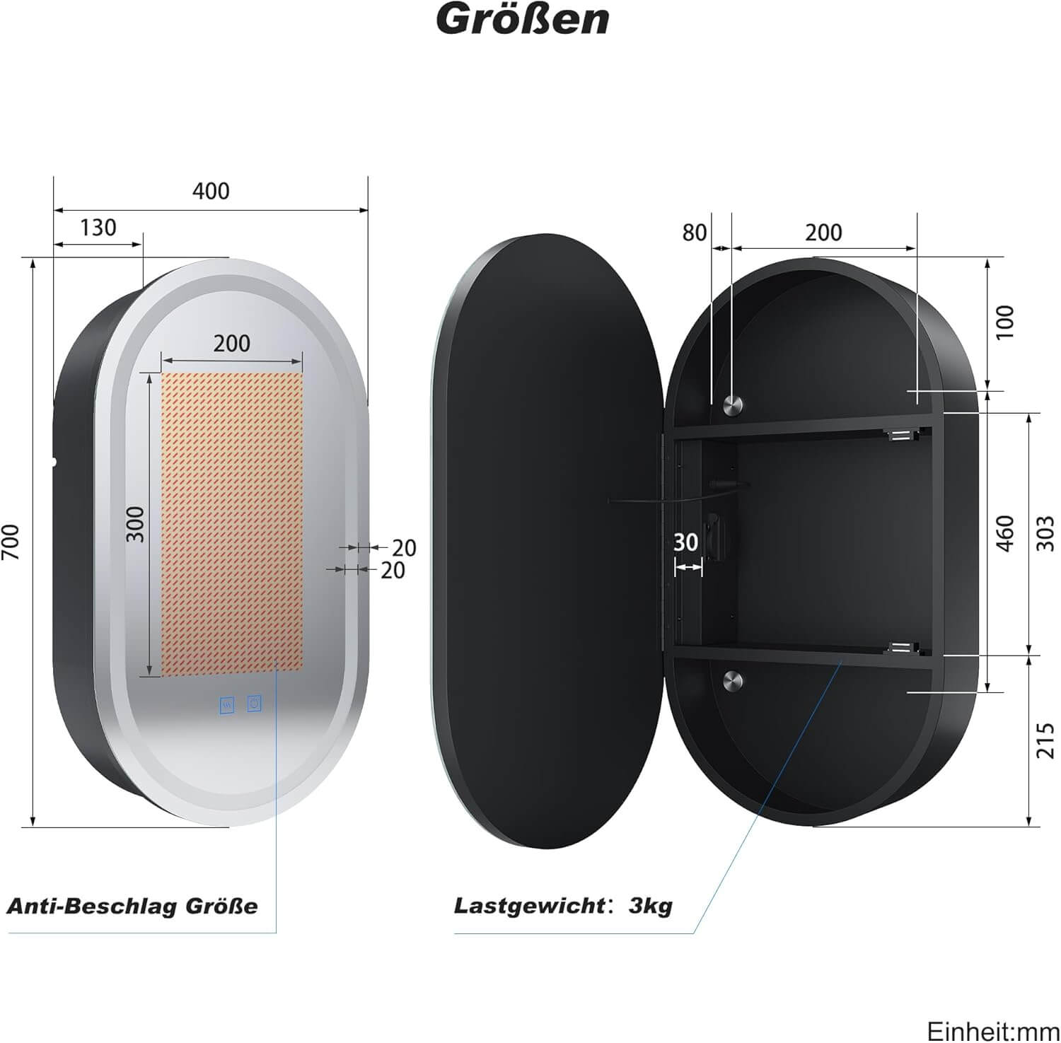 SONNI Armario con espejo para baño con iluminación y enchufe, armario con espejo LED con interruptor táctil, regulable, 3 colores de luz ajustables, sin vaho, ovalado, 40 x 70 cm, negro mate