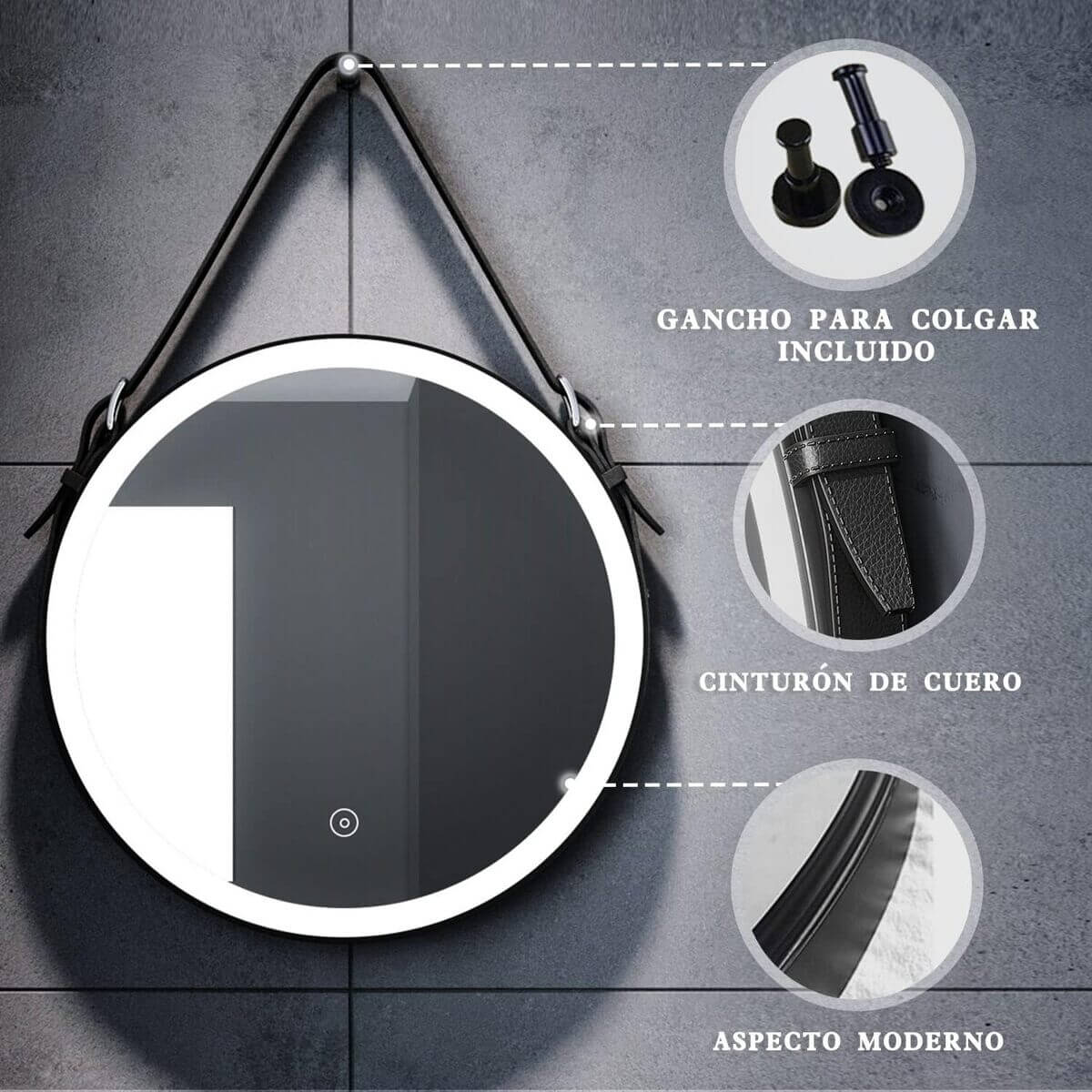 SONNI Espejo Baño con Luz Redondo 60 x 60 cm Espejo Baño LED Pared Antivaho Negro Interruptor Táctil con Cuerda Ajustable