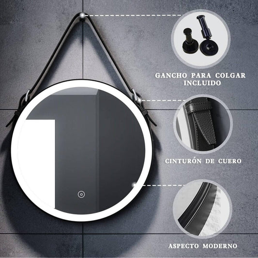 SONNI Espejo Baño con Luz Redondo 60 x 60 cm Espejo Baño LED Pared Antivaho Negro Interruptor Táctil con Cuerda Ajustable