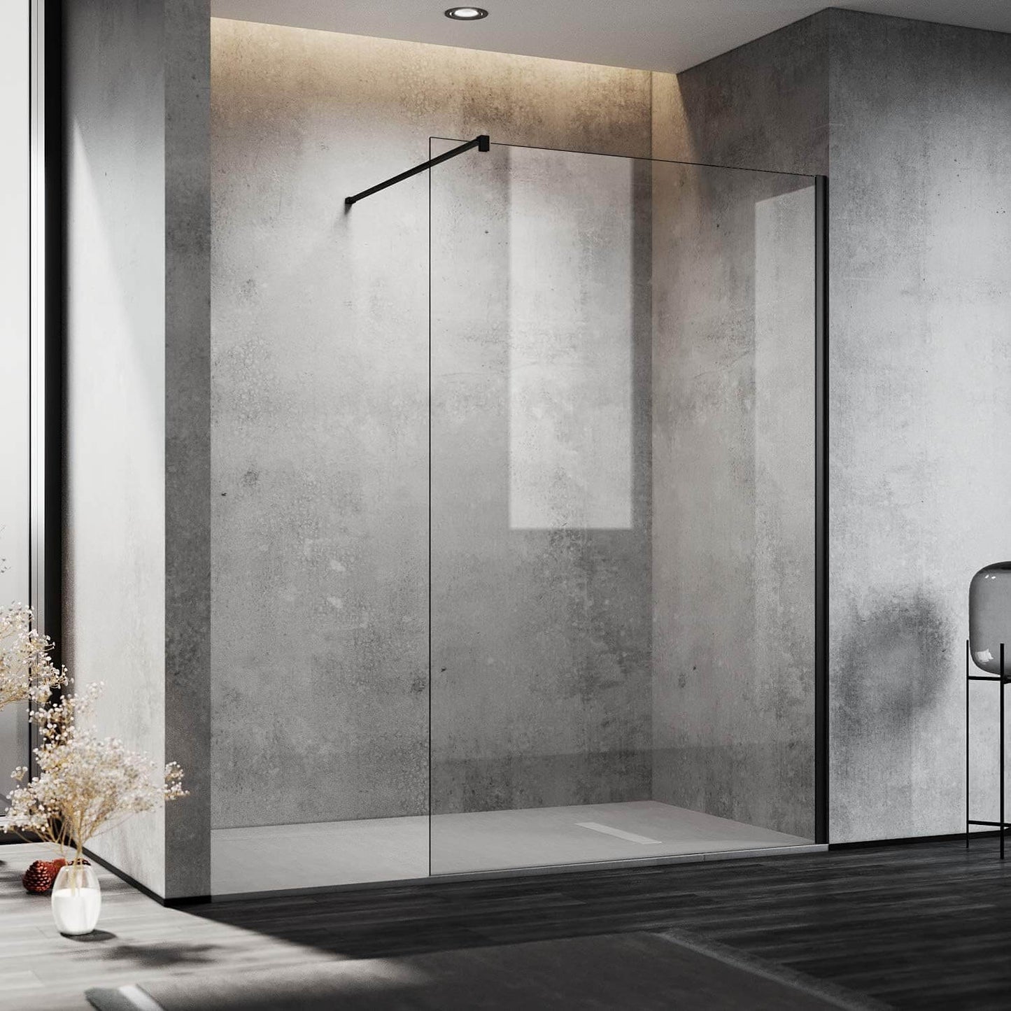 SONNI Mampara Ducha Fija  Mamparas de Ducha Frontales de Vidrio Templado 10mm con Barra Estabilizadora y Perfil Negro