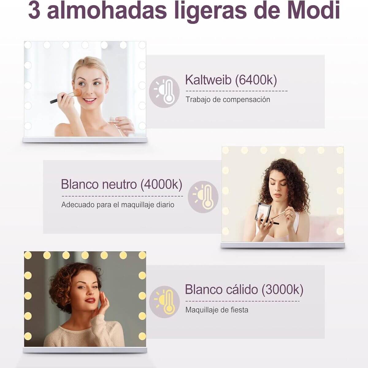 SONNI Espejo Maquillaje con Luz - Espejo Tocador 15 Bombillas LED,Dimmables 3 Colores de Luz,Control Táctil,Espejo con Luz para Maquillaje,58 x 46 cm