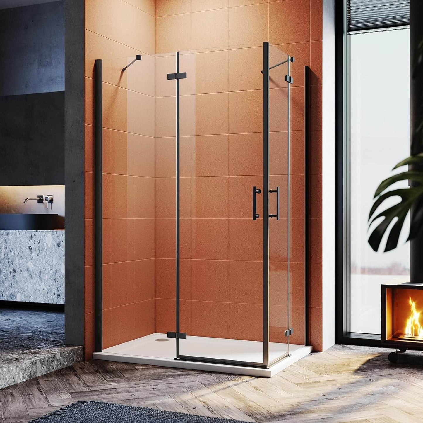 Sonni Cabina de ducha de color negro, 195 cm de altura, con puertas de péndulo de 6 mm, cristal Nano Esg, puerta con bisagras, sin marco