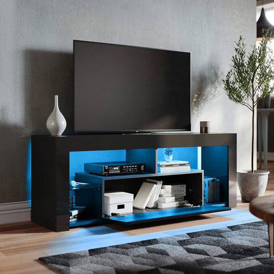 SONNI Mueble TV con Luz LED Ajustable de 12 Colores Sálon Negro con Mando a Distancia, Mesa TV Madera con Estantes Cristal 140 CM