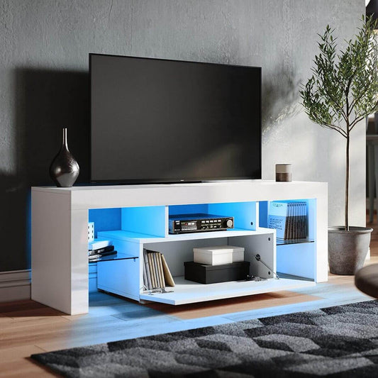SONNI Mueble TV Blanco con Luz LED Ajustable de 12 Colores con Mando a Distancia, Mesa TV Sálon Madera con Estantes Cristal 130 CM