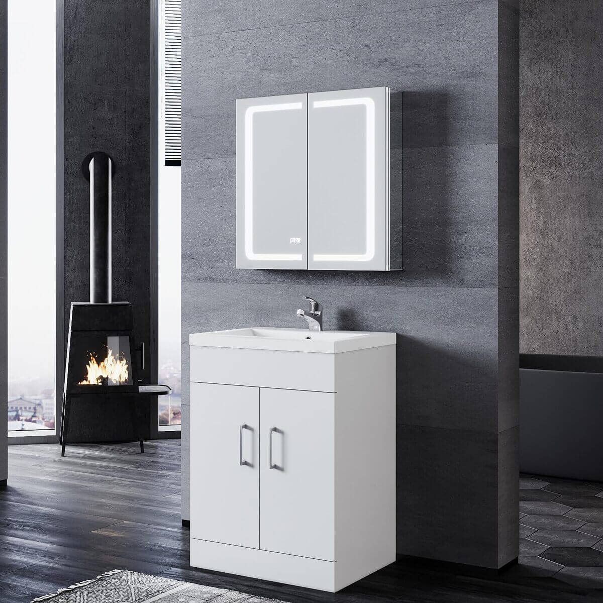 SONNI Armario Espejo Baño con Luz 65 x 65 cm Bisagra Conductora Antivaho,Interruptor Táctil,2 Puertas,Espejo de Baño con Armario y LED,Aluminio y Enchufe para Afeitadora