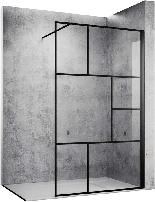 SONNI Mampara de ducha de color negro diseño de Walk In de 8 mm, cristal de seguridad, ESG con estabilizador, montaje en tazas de ducha o suelo