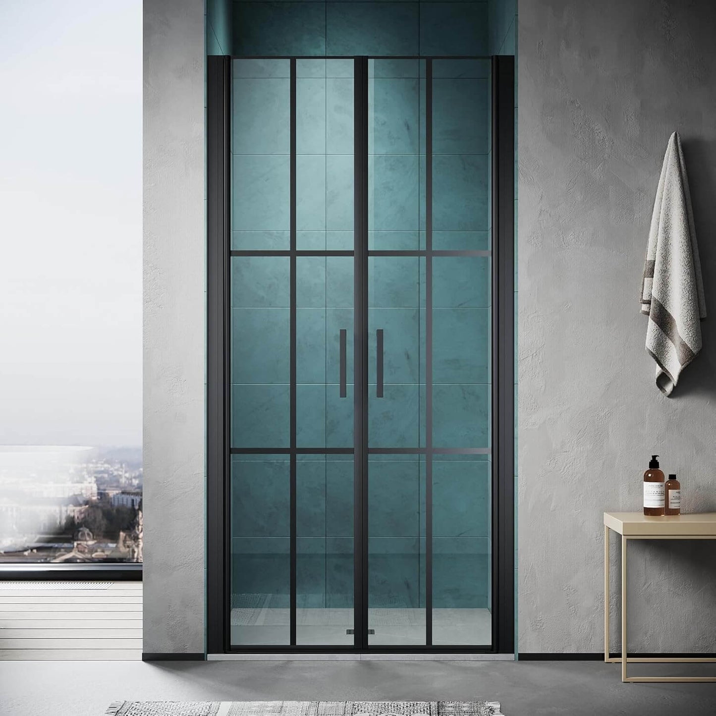 SONNI Puerta de ducha cristal templado, doble puerta corredera de cristal templado, rejilla negra mate, nanorecubrimiento de una cara, barra de sellado magnética