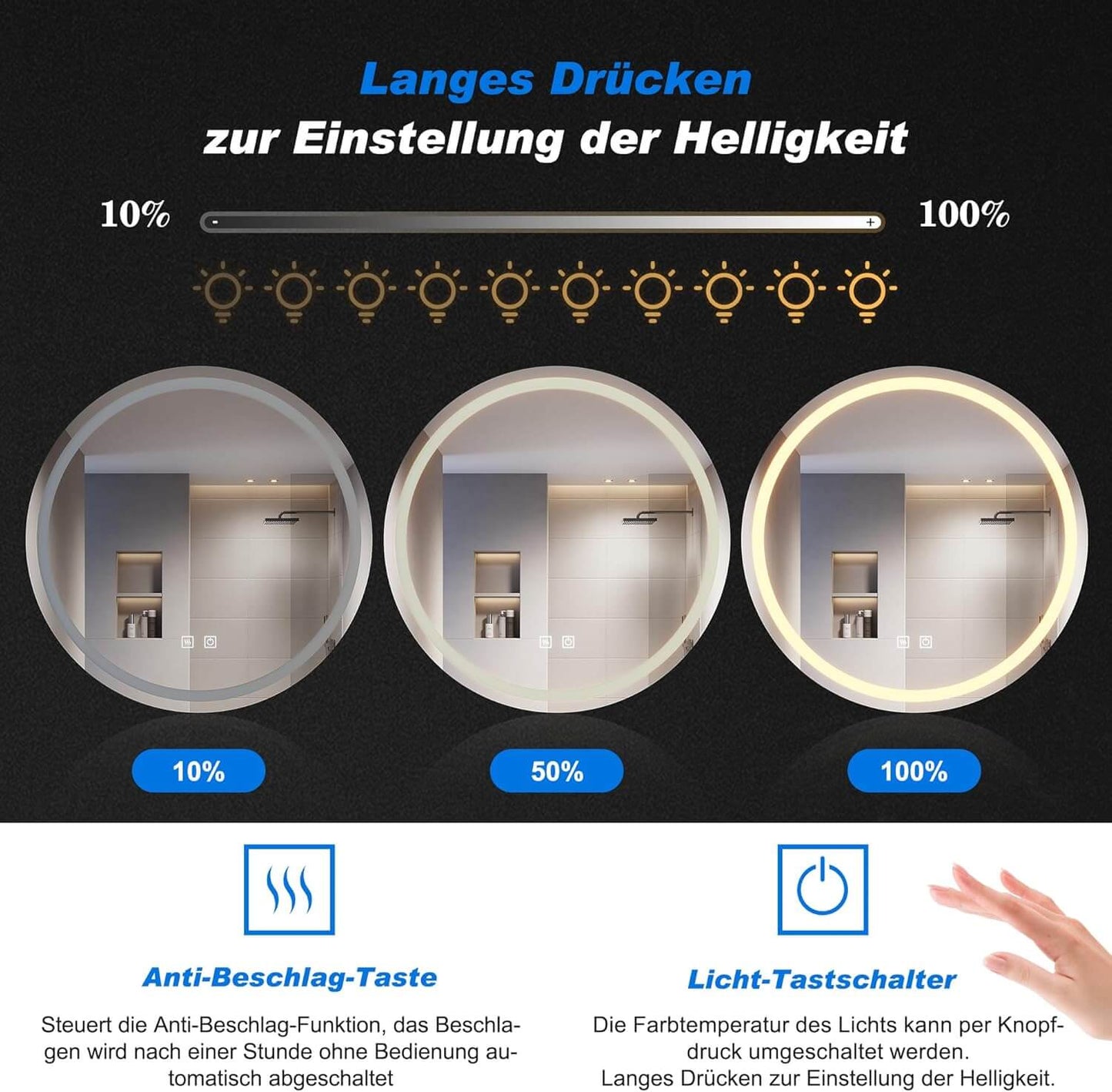 SONNI Armario con espejo de baño con iluminación, 3 colores de luz ajustables, sin vaho, redondo, armario con espejo, armario con enchufe, armario de baño con espejo y estante, 60 cm, color gris