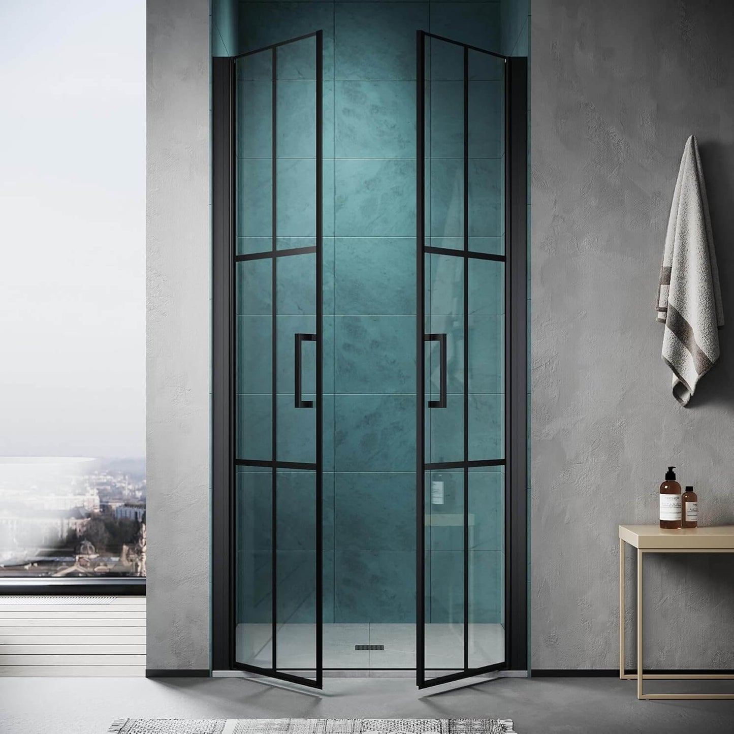 SONNI Puerta de ducha cristal templado, doble puerta corredera de cristal templado, rejilla negra mate, nanorecubrimiento de una cara, barra de sellado magnética