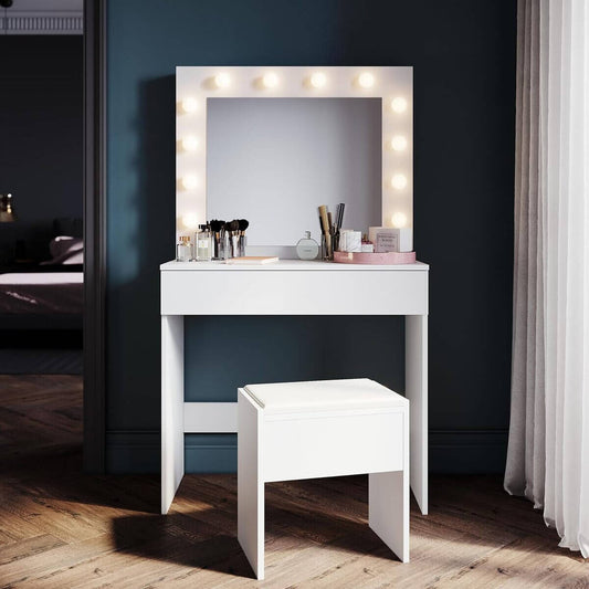 SONNI Tocador, 12 Luces LED con Brillo Ajustable, 1 Cajones Grandes y Taburete, Estilo Moderno, 80x40x140cm-Blanco