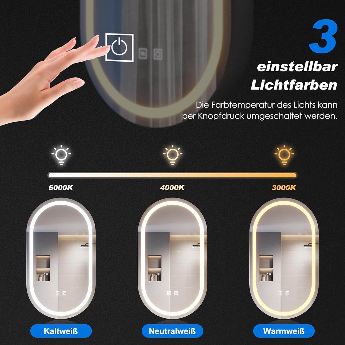 SONNI Armario con espejo para baño con iluminación y enchufe, armario con espejo LED con interruptor táctil, regulable, 3 colores de luz ajustables, sin vaho, ovalado, 40 x 70 cm, negro mate