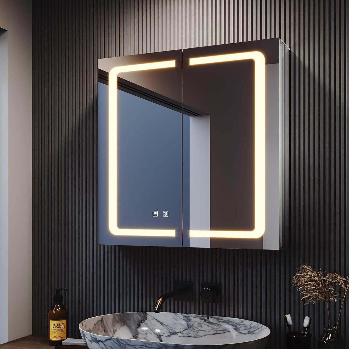 SONNI Armario Espejo Baño con Luz 65 x 65 cm Bisagra Conductora Antivaho,Interruptor Táctil,2 Puertas,Espejo de Baño con Armario y LED,Aluminio y Enchufe para Afeitadora