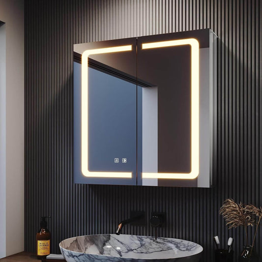 SONNI Armario Espejo Baño con Luz 65 x 65 cm Bisagra Conductora Antivaho,Interruptor Táctil,2 Puertas,Espejo de Baño con Armario y LED,Aluminio y Enchufe para Afeitadora