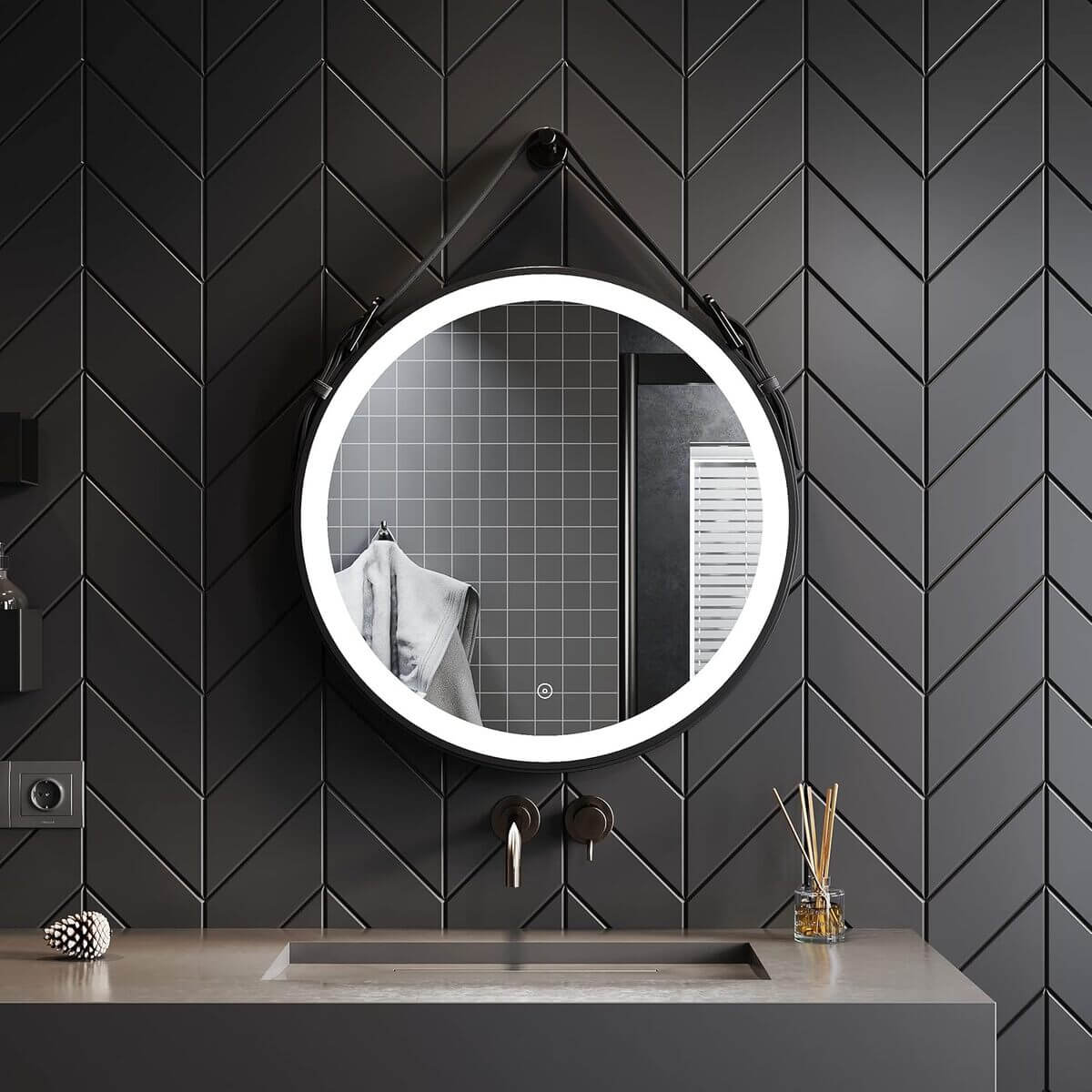 SONNI Espejo Baño con Luz Redondo 60 x 60 cm Espejo Baño LED Pared Antivaho Negro Interruptor Táctil con Cuerda Ajustable