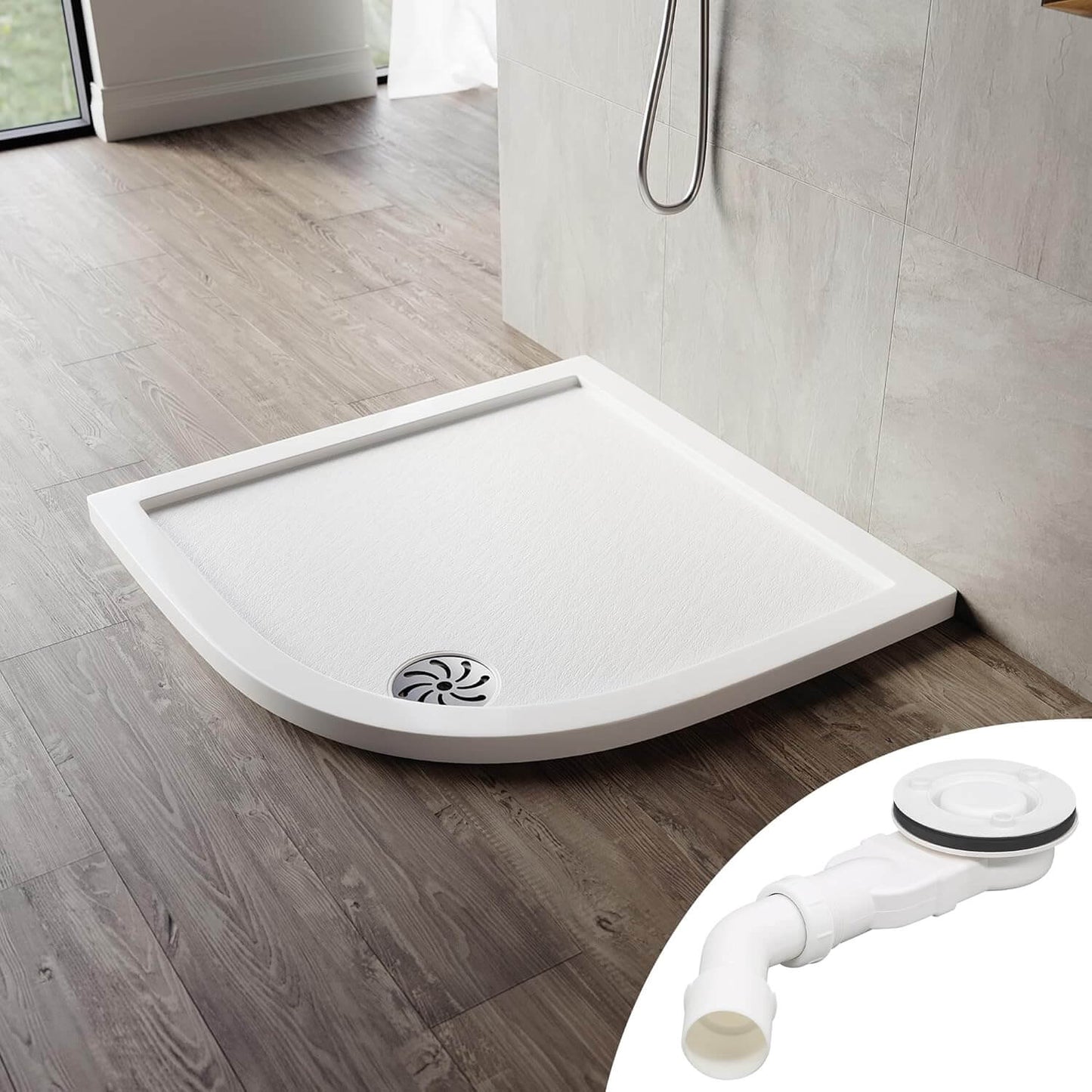 SONNI Plato de ducha ovalado de perfil bajo, con radio de 550 mm, extraplano, SMC, incluye desagüe