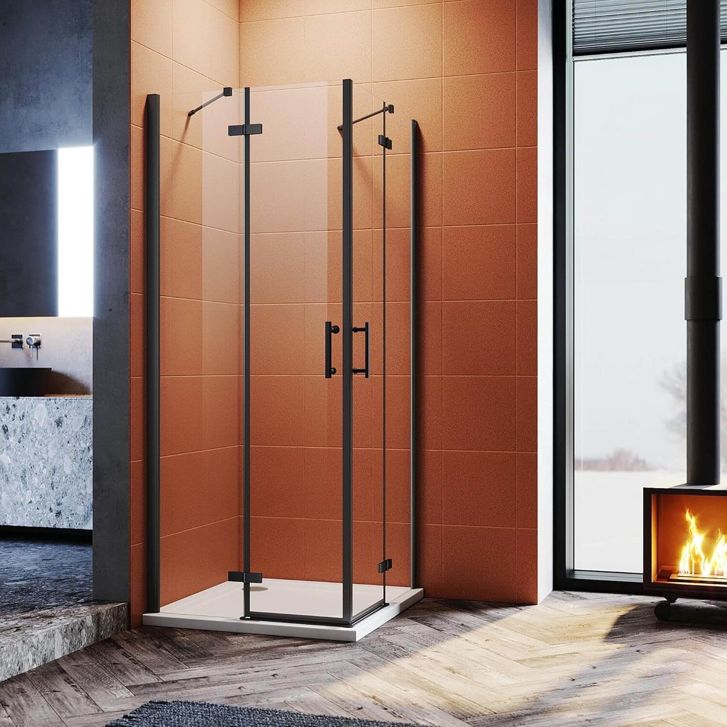 Sonni Cabina de ducha de color negro, 195 cm de altura, con puertas de péndulo de 6 mm, cristal Nano Esg, puerta con bisagras, sin marco